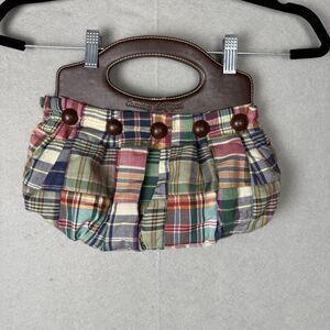 Vintage Tommy Hilfiger Madras Plaid Handbag With Brown Buttons & Magnetic Handle